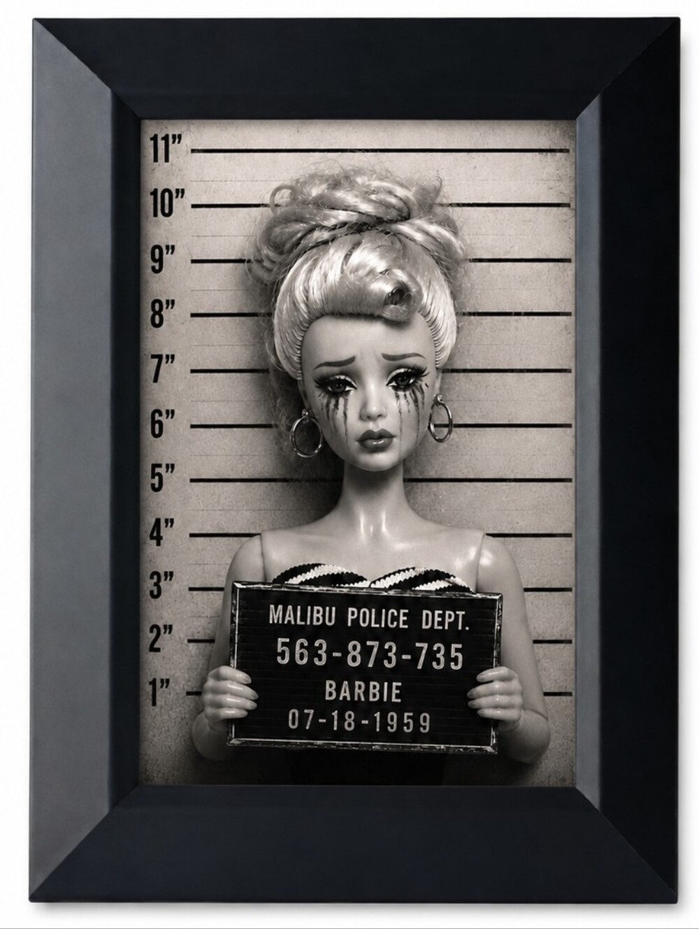 Vintage Funny art Malibu Barbie jailhouse mugshot Retro Fun home decor framed